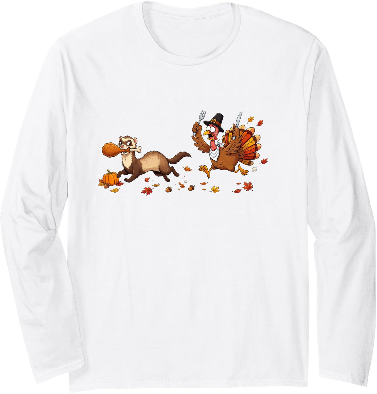 Funny Thanksgiving Turkey Ferret Autumn Womens Mens Kids Long Sleeve T-Shirt - Adult Unisex White