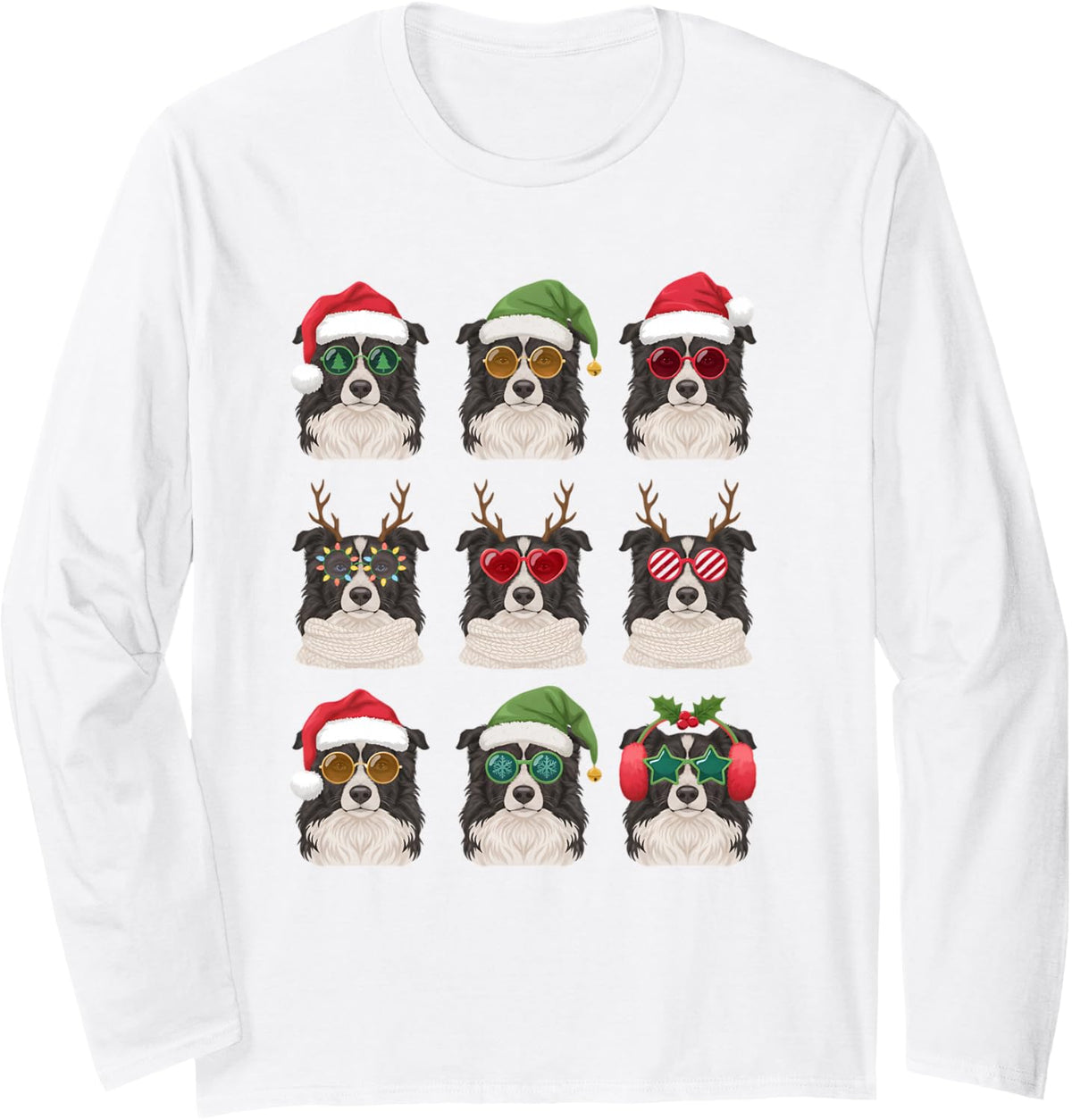 Cute Border Collie Funny Christmas Pajama Silly Dog Mom Long Sleeve T-Shirt - Adult Unisex White