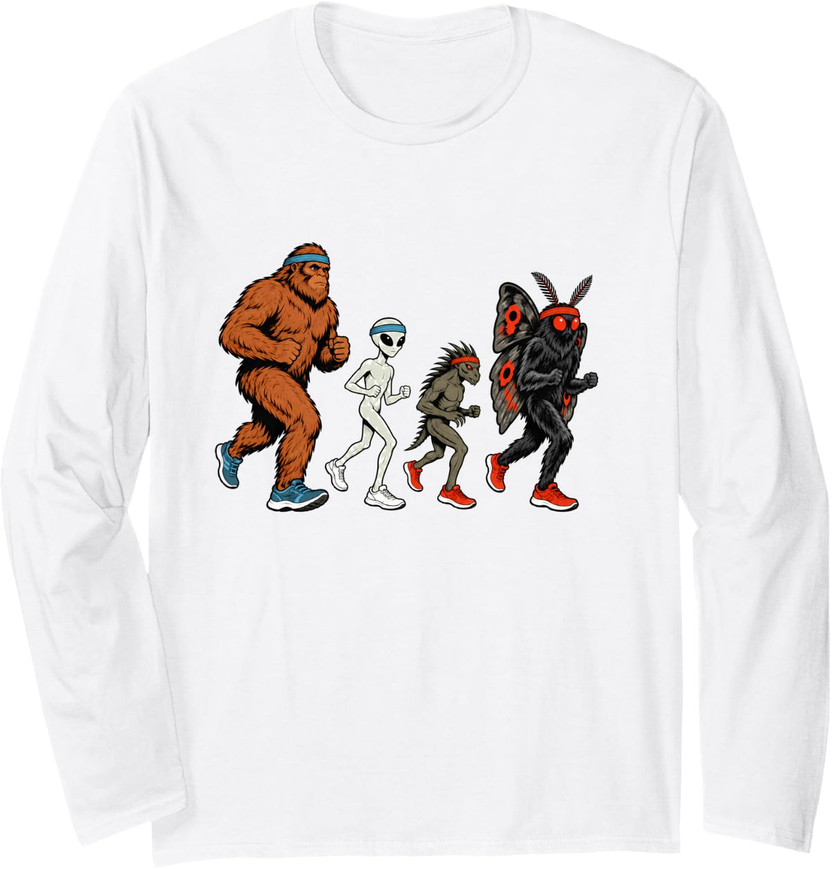 Cryptid Running Bigfoot Alien Mothman Jogging Funny Runner Long Sleeve T-Shirt - Adult Unisex White