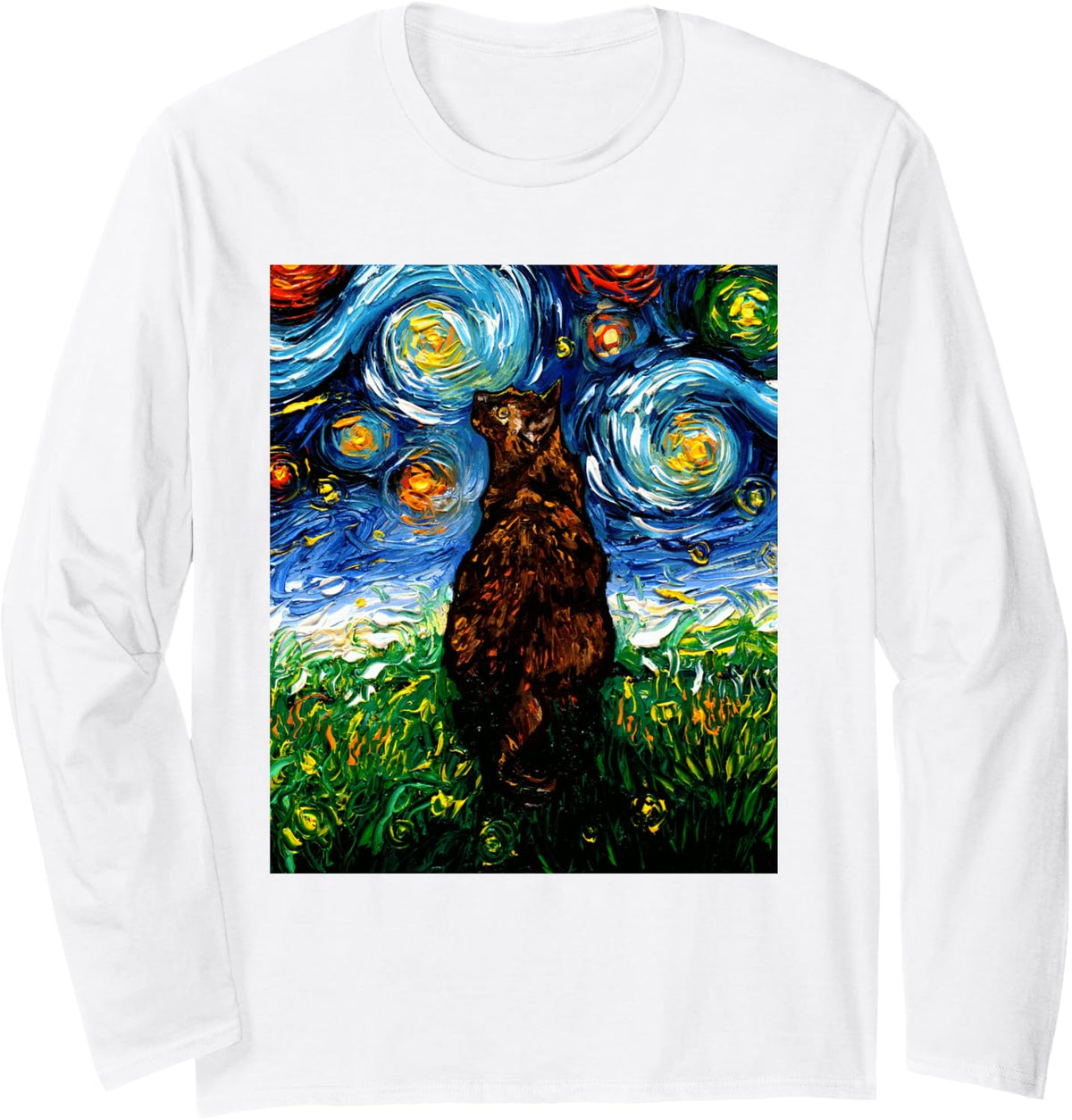 Tortoiseshell Cat Starry Night Tortie Kitty Artwork Long Sleeve T-Shirt - Adult Unisex White