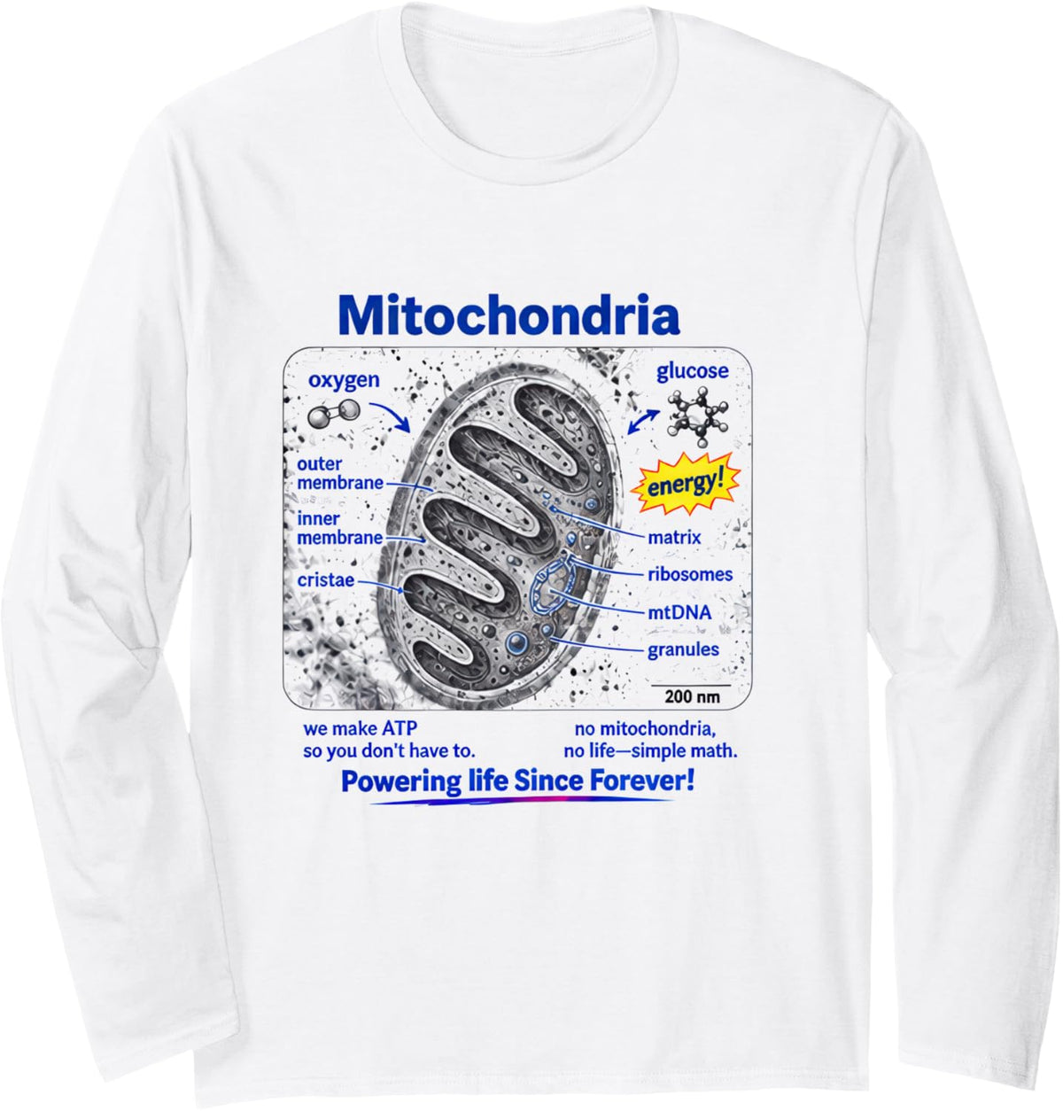 Science Teacher Tshirt Mitochondria Funny Cell Gift Nerd Men Long Sleeve T-Shirt - Adult Unisex White