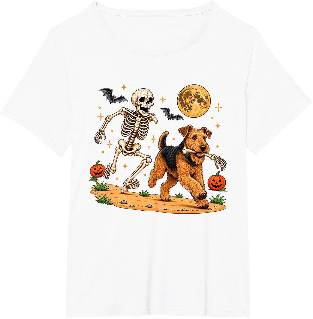 Funny Skeleton Chasing Airedale Terrier Halloween Dog Mom T-Shirt - White