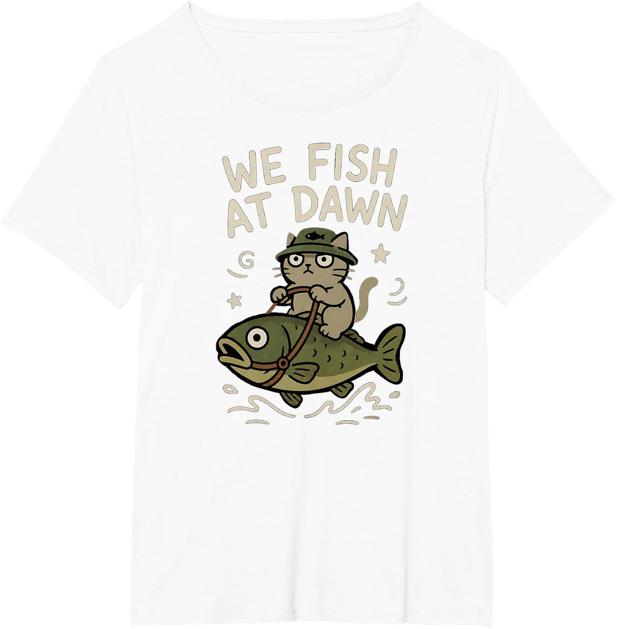 We Fish At Dawn Meme Cat Riding Bass Funny Fishing Dad T-Shirt - White
