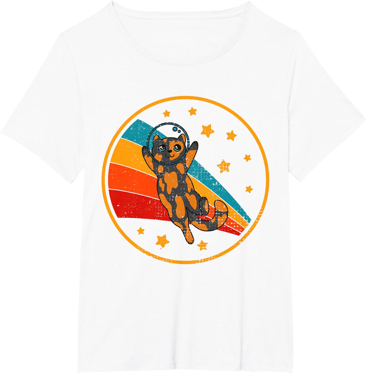 Cute Vintage Tortoiseshell Cat Retro Space Cat T-Shirt for Men Women Girls Kids - White