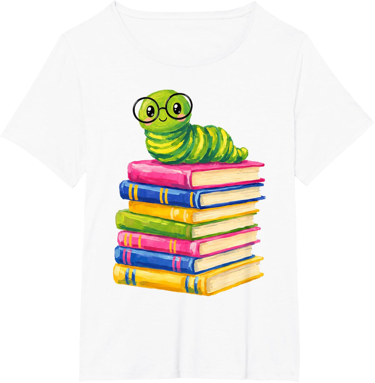 Cute Bookworm Wearing Glasses On Stack of Books Retro T-Shirt - White