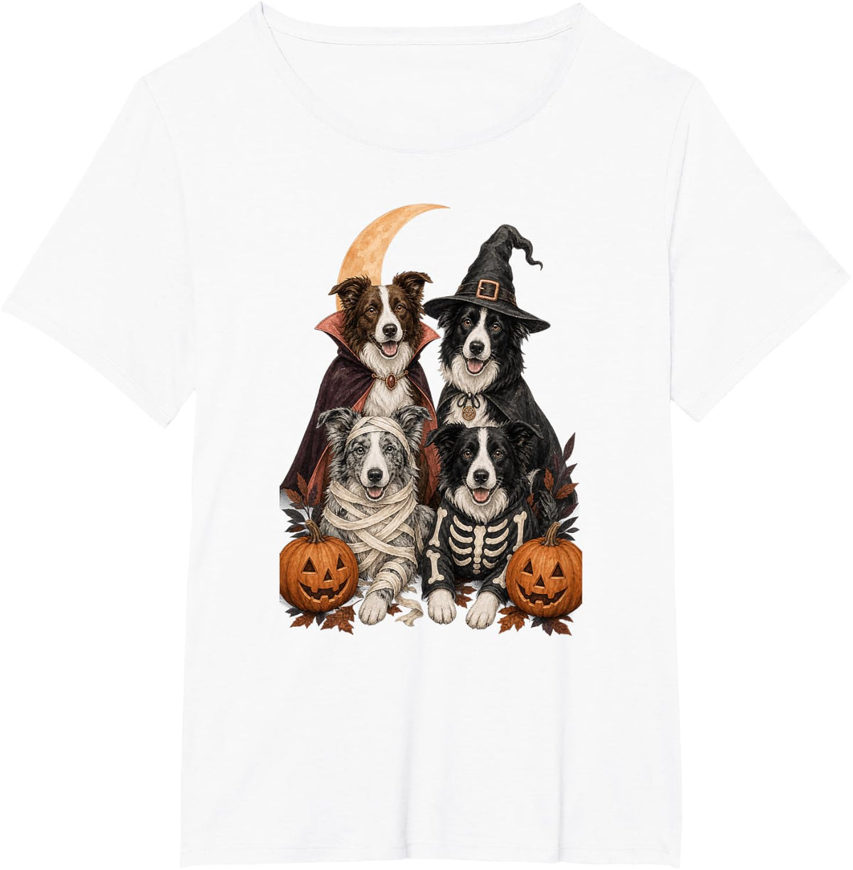 Halloween Collie Dogs Witch Vampire Mummy Skeleton T-Shirt - White