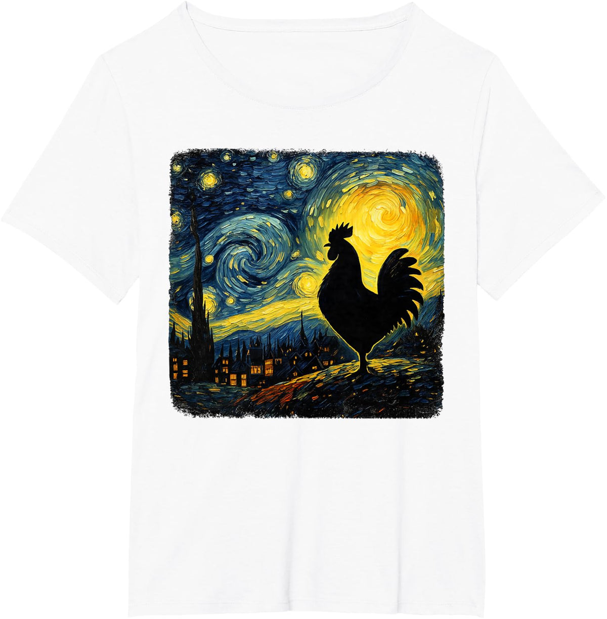 Starry Night Van Gogh Farmer Chicken Rooster Funny Graphic T-Shirt - White