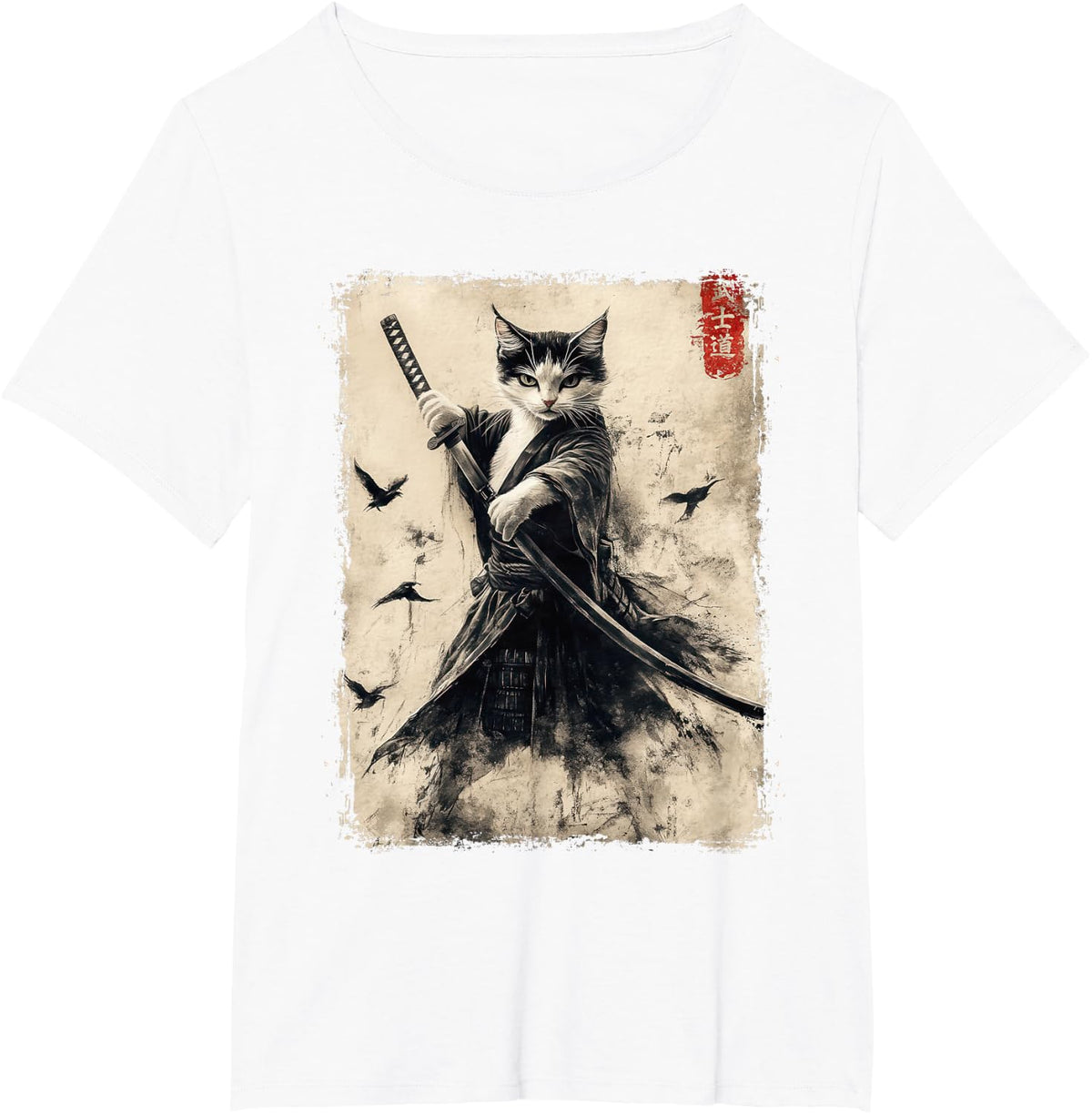Samurai Cat Graphic Tee Warrior Vintage Japanese Art Anime T-Shirt - White