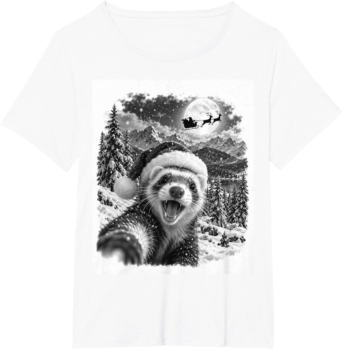 Ferret Santa Hat Christmas Selfie Snowy Forest Scene T-Shirt - White