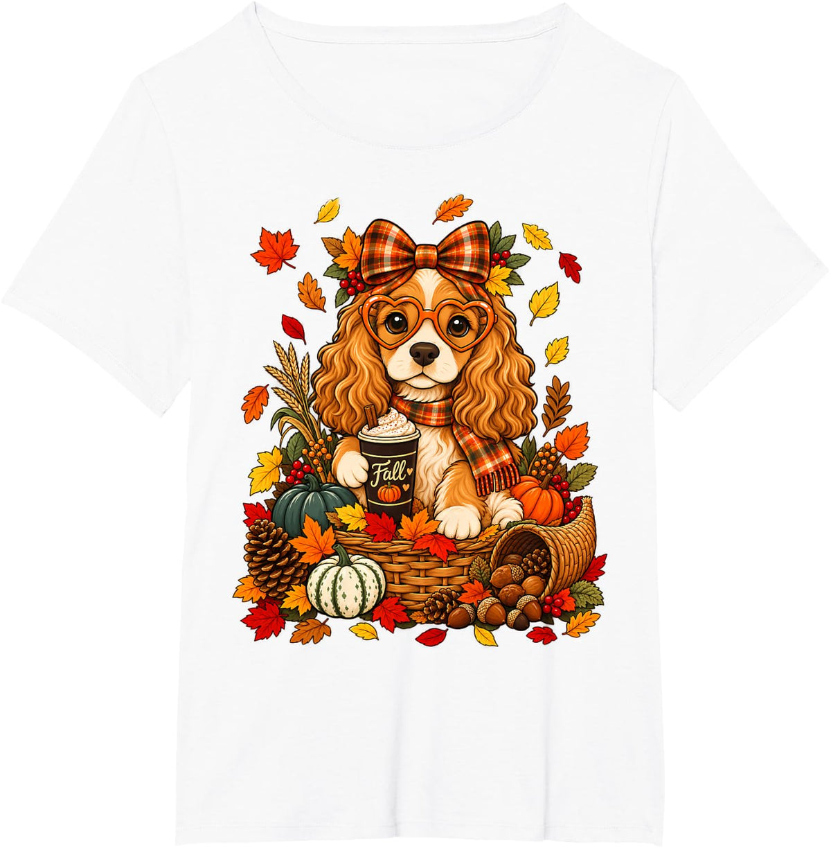 Coquette Bow Cocker Spaniel Pumpkin Spice Fall Thanksgiving T-Shirt - White