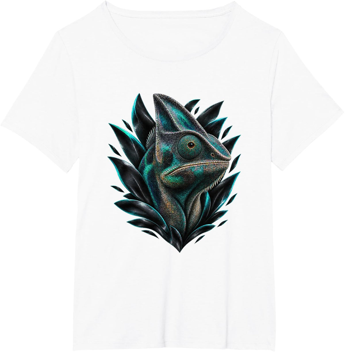 Chameleon with Black Glass Petals Reptile Art T-Shirt - White