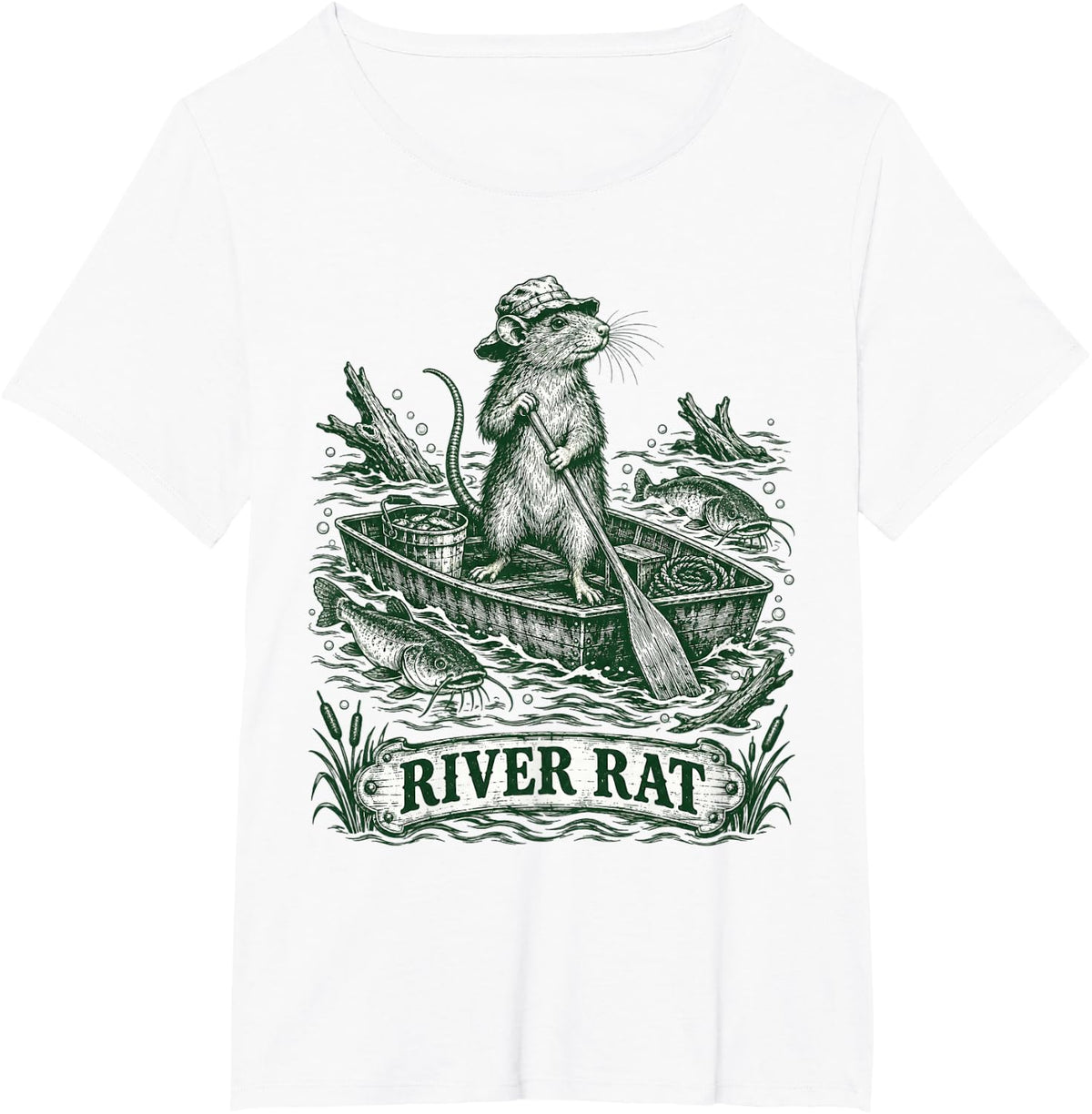 River Rat Rowing Boat Fishing Scene T-Shirt - White