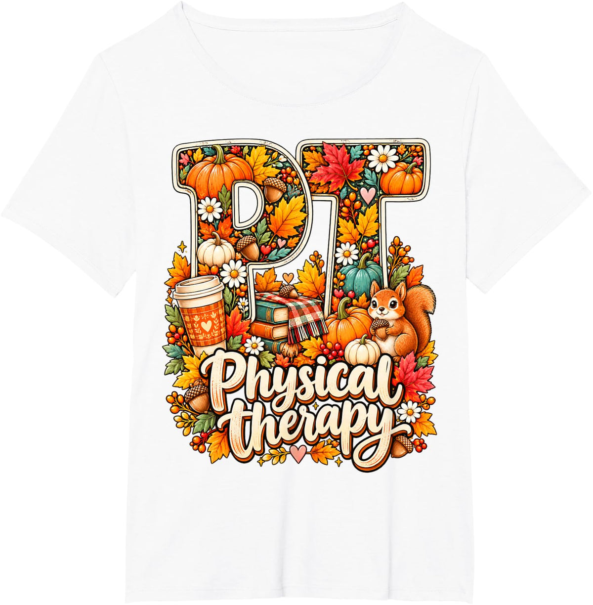 Physical Therapy Fall Pumpkin Autumn Leaves PT Floral T-Shirt - White