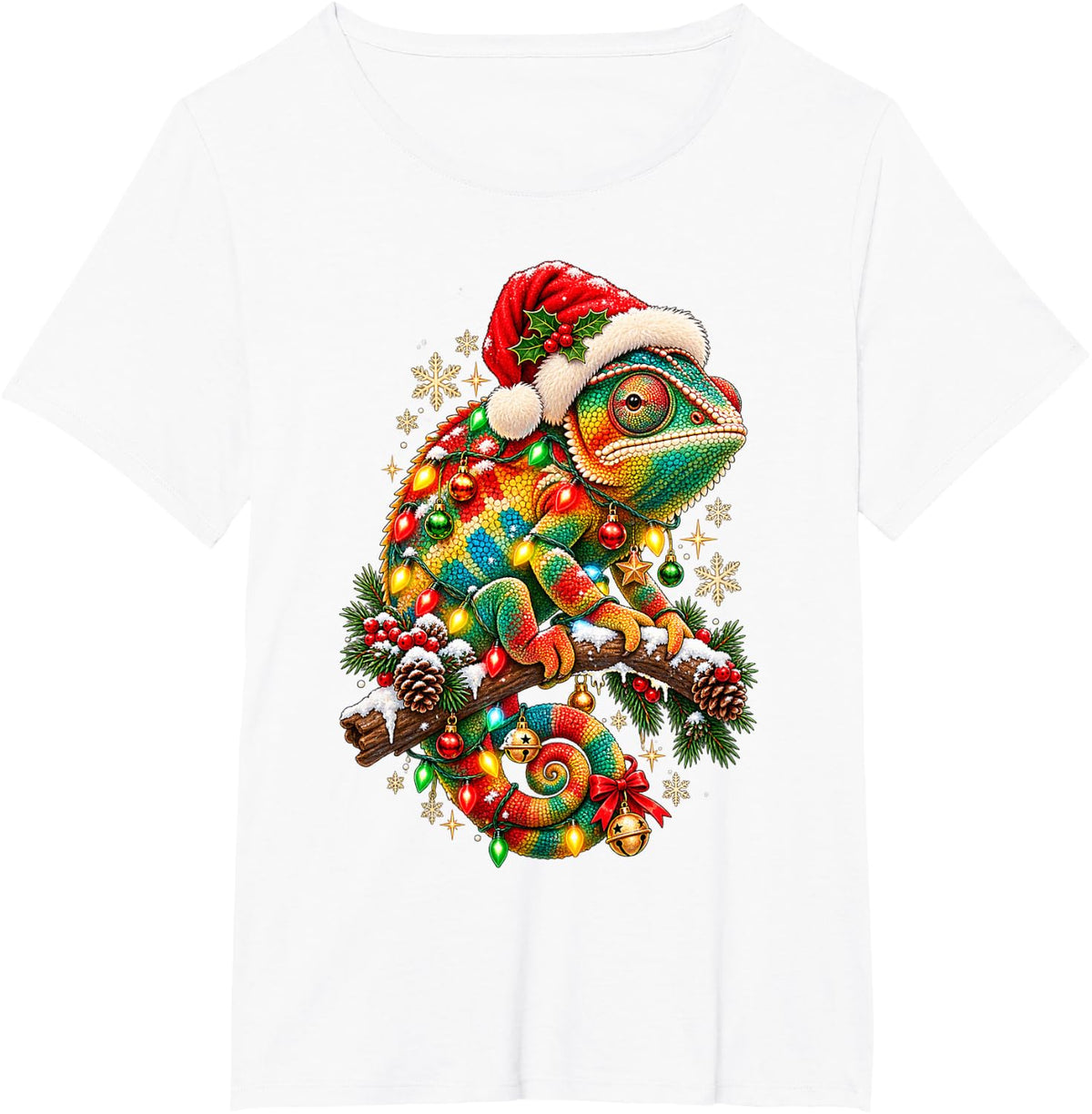 Chameleon Christmas Funny Santa Chameleoin in Xmas Lights T-Shirt - White