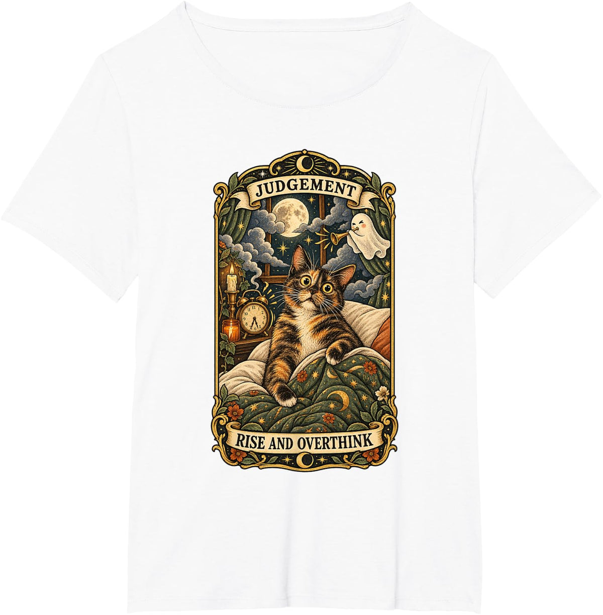 Tortie Cat Judgement Tarot T-Shirt - White