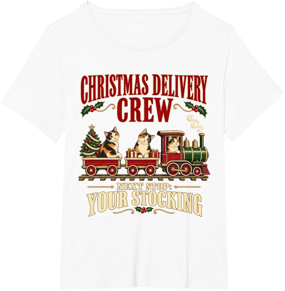 Calico Cat Vintage Christmas Steam Train T-Shirt - White