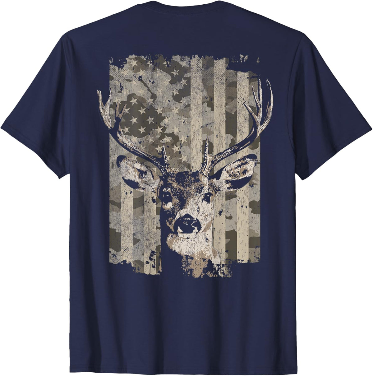 Camo American Flag Distressed Deer Hunting (Design on Back) T-Shirt - Navy Blue