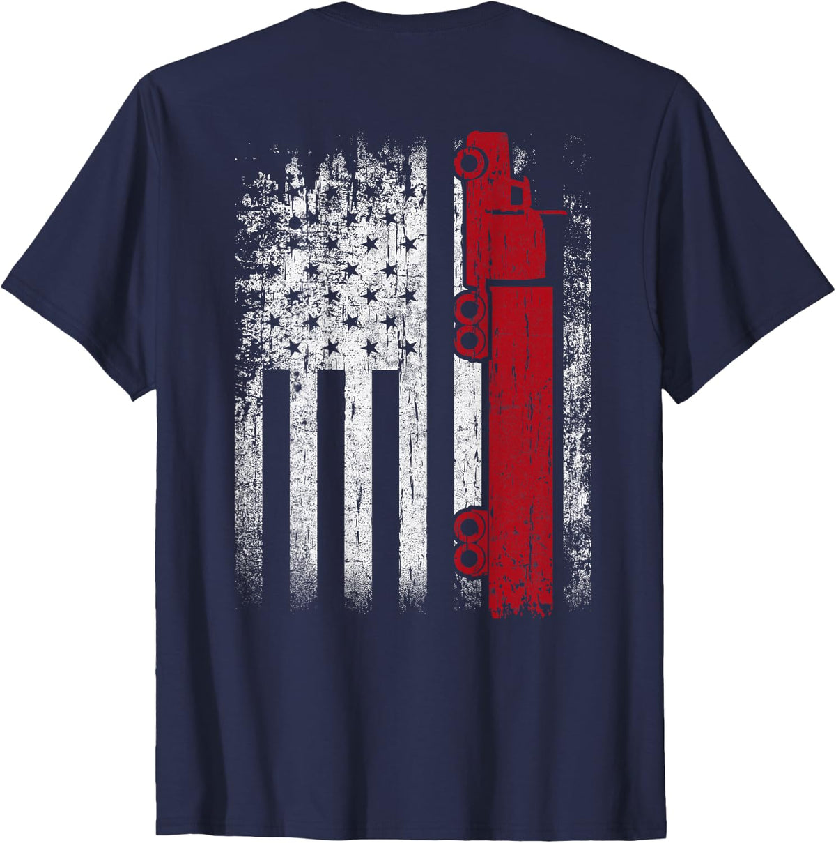 Distressed American Flag Truck Driver Design On Back T-Shirt - Navy Blue