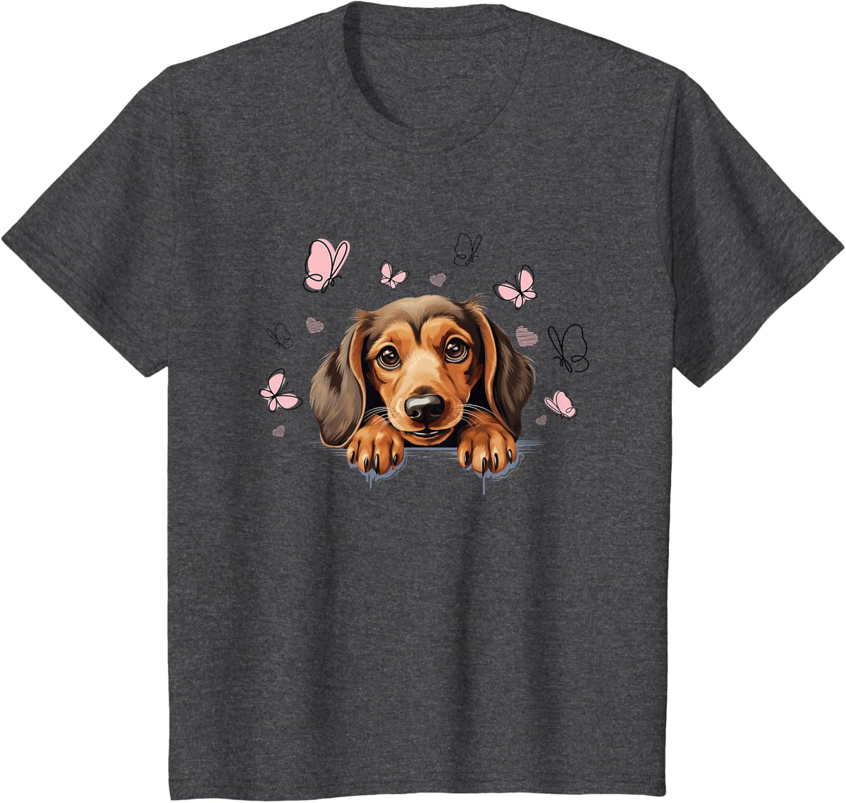 Wiener Dog Cute Dachshund With Butterflies Women Men Kids T-Shirt - Dark Heather Grey