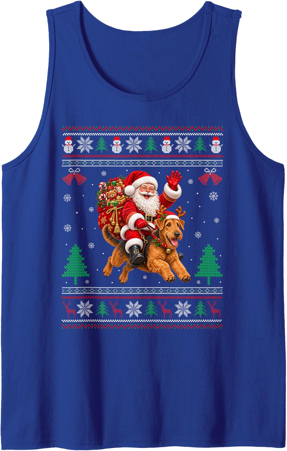 Airedale Terrier Ugly Christmas Sweater Santa Riding Dog Sleeveless Tank Top - Royal Blue