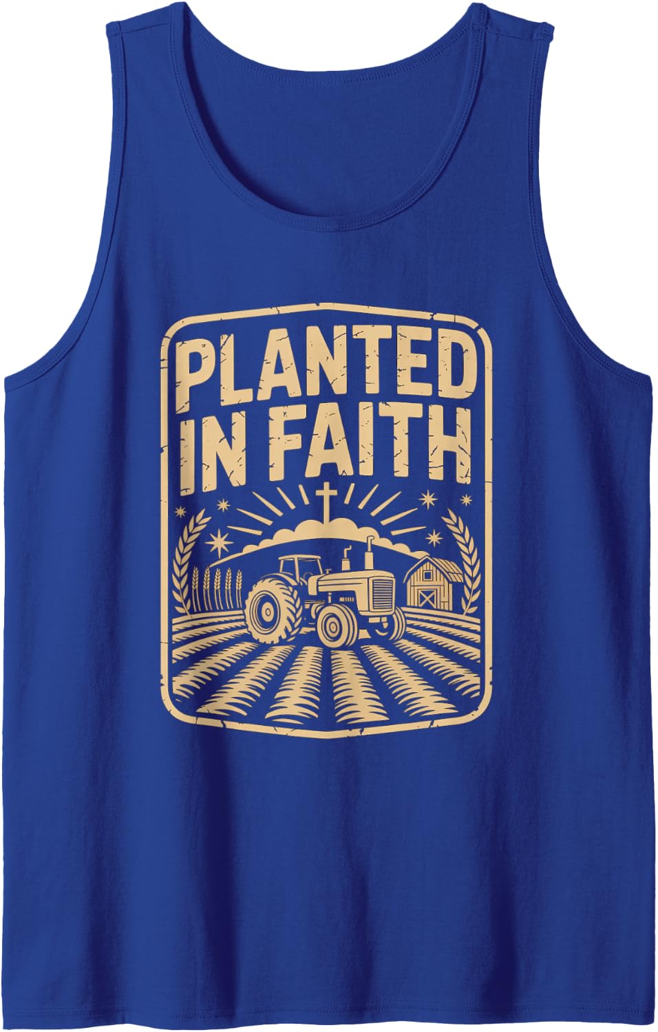 Planned in Faith Christian Farm Tractor Farmer Tank Top - Royal Blue