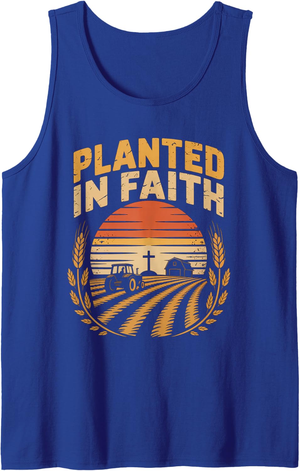 Planted in Faith Christian Farmer Harvest Tank Top - Royal Blue