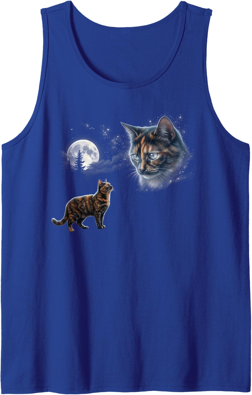 Tortoiseshell Cat Full Moon Night Sky Tortie Kitty Sleeveless Tank Top - Royal Blue