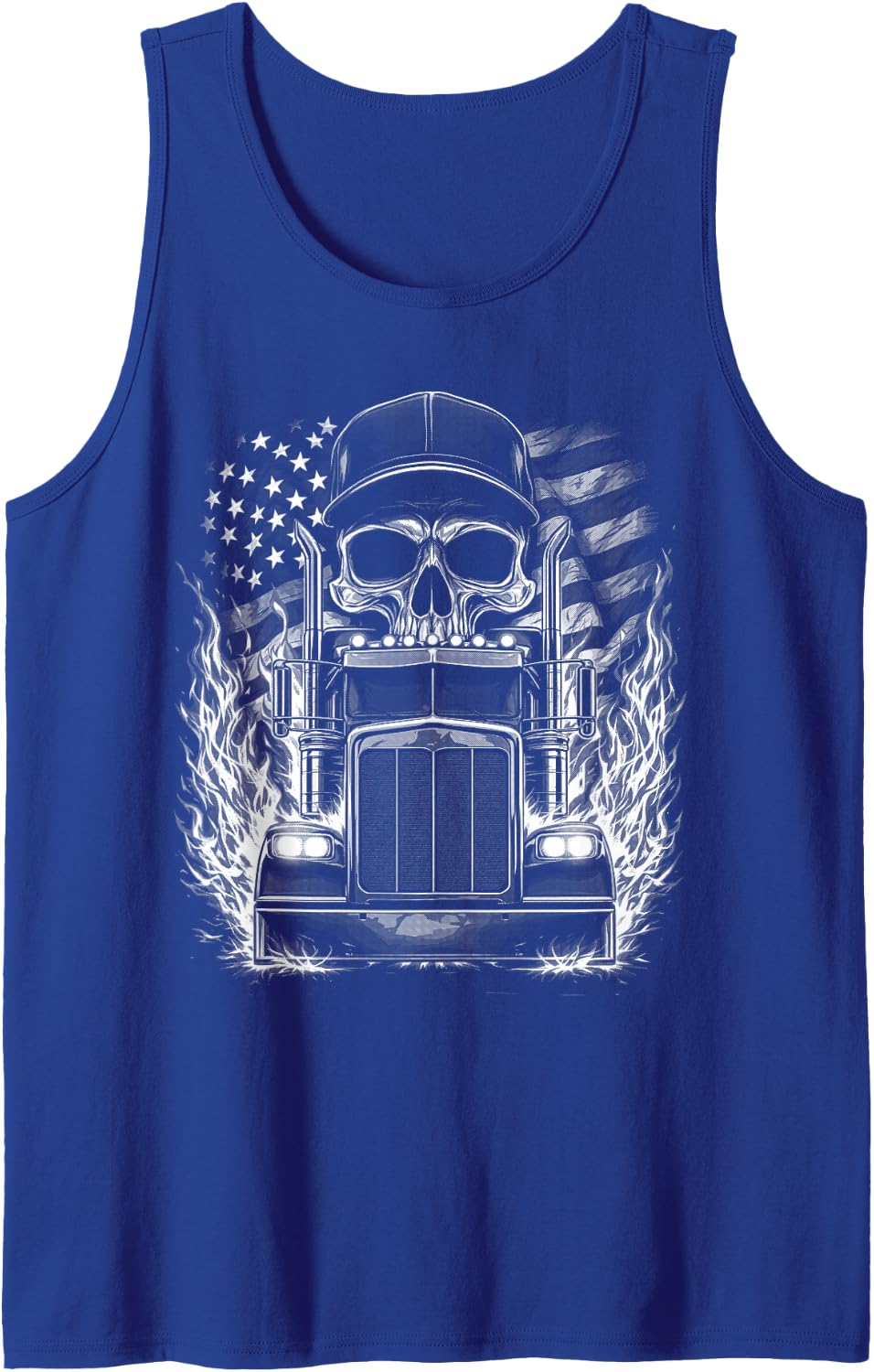 Trucker Patriotic American Flag Semi Truck Driver Skull Tank Top - Royal Blue