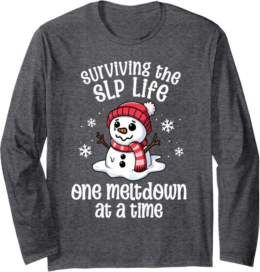 SLP Christmas One Meltdown At A Time Speech Snowman Winter Long Sleeve T-Shirt - Adult Unisex Dark Heather Grey