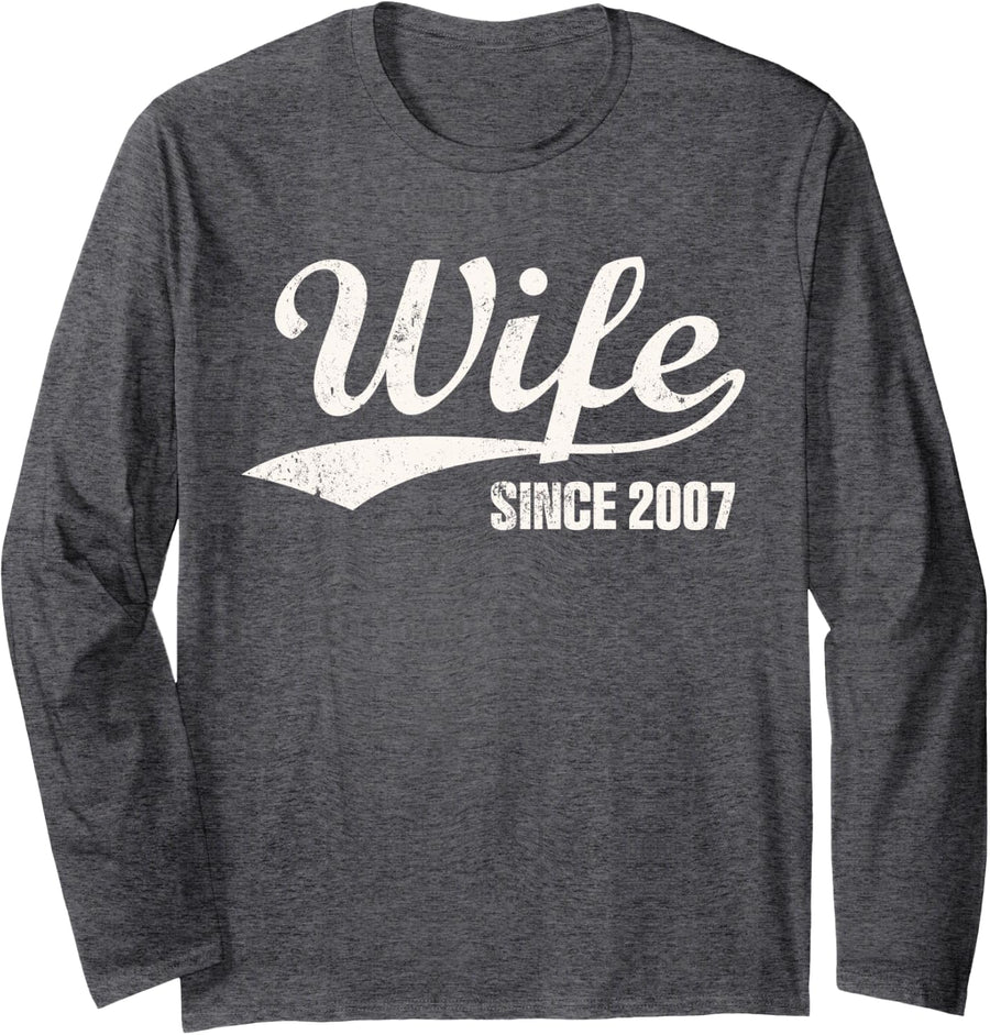 Retro Distressed Wife Since 2007 19th Wedding Anniversary Long Sleeve T-Shirt - Adult Unisex Dark Heather Grey