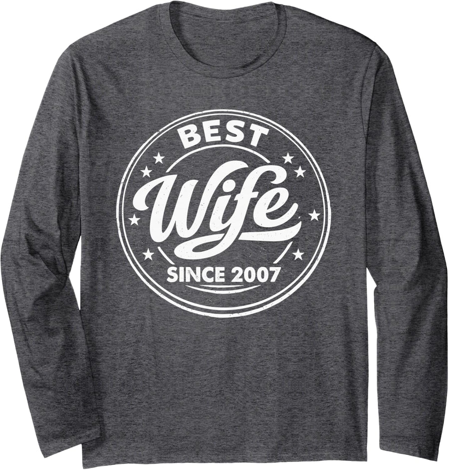 Vintage Badge Best Wife Since 2007 19th Wedding Anniversary Long Sleeve T-Shirt - Adult Unisex Dark Heather Grey