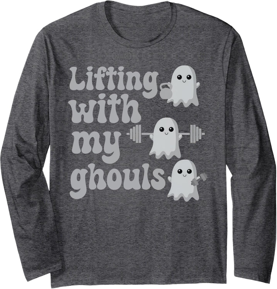 Lifting With My Ghouls Halloween Gym Workout Weightlifting Long Sleeve T-Shirt - Adult Unisex Dark Heather Grey