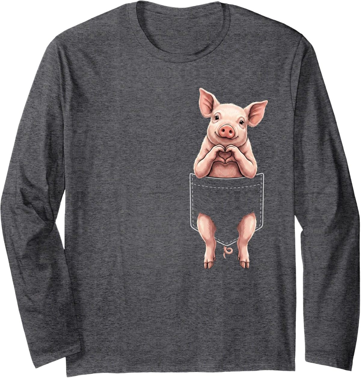 Pig Pocket Heart Sign Farm Animal Valentines Long Sleeve T-Shirt - Adult Unisex Dark Heather Grey