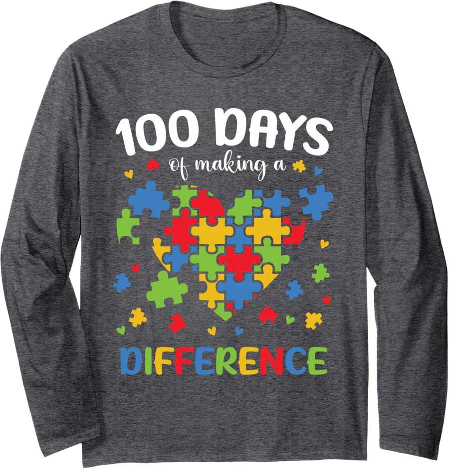 100 Days of School Autism Awareness 100th Day Teacher Kids Long Sleeve T-Shirt - Adult Unisex Dark Heather Grey