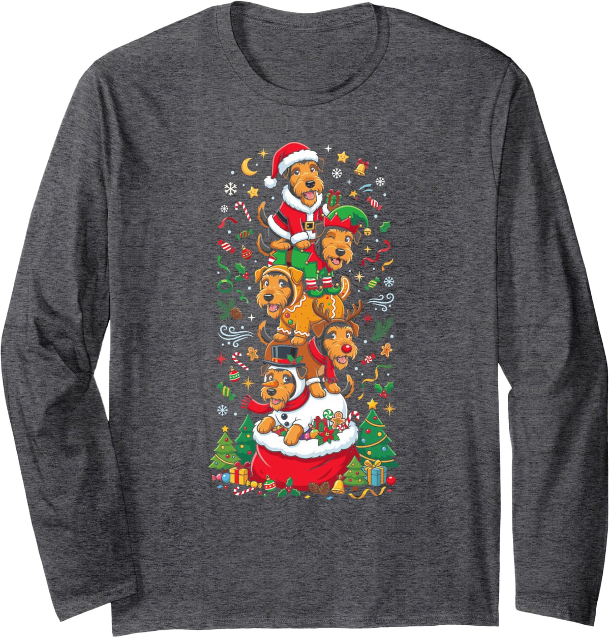 Christmas Airedale Terrier Santa Elf Snowman Womens Mens Kid Long Sleeve T-Shirt - Adult Unisex Dark Heather Grey