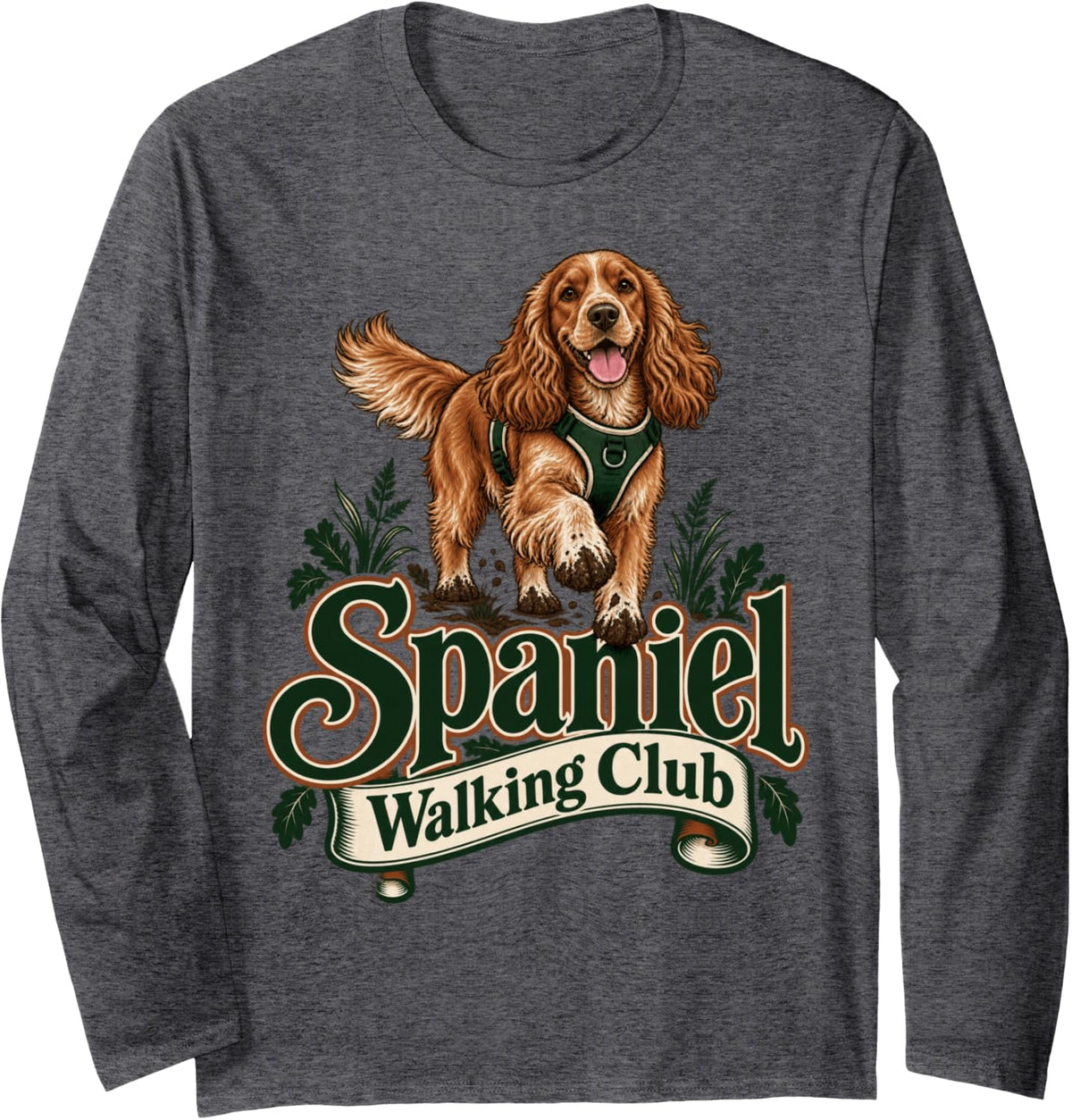 Spaniel Walking Club British Dog Lover Design Long Sleeve T-Shirt - Adult Unisex Dark Heather Grey