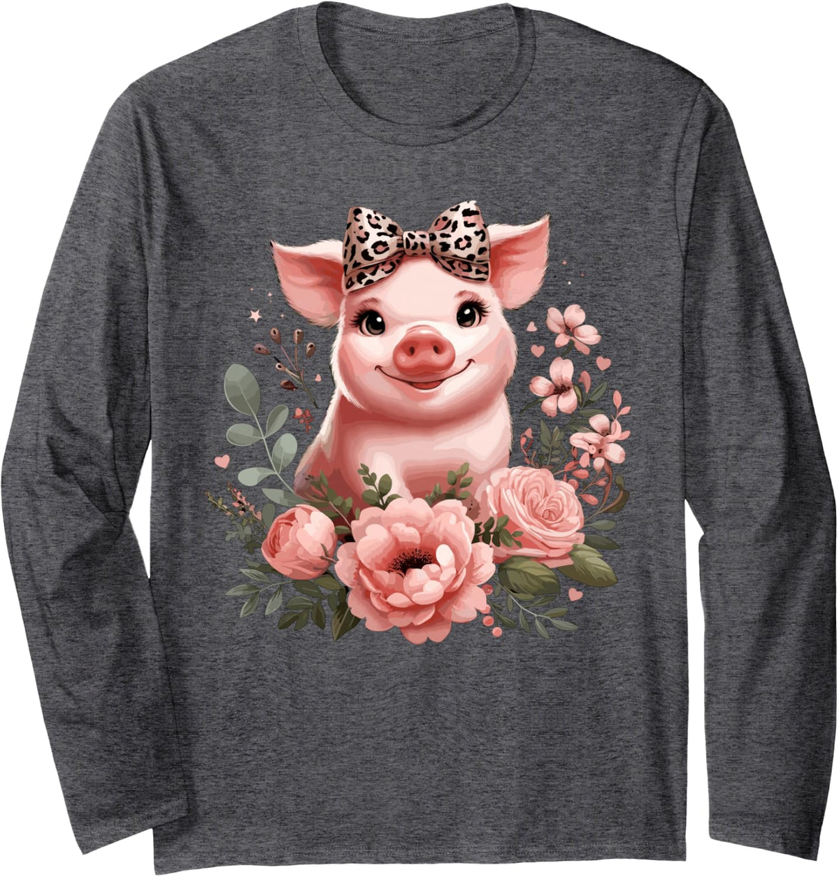 Pig With Leopard Headband Flower Cute Pig Lover Long Sleeve T-Shirt - Adult Unisex Dark Heather Grey