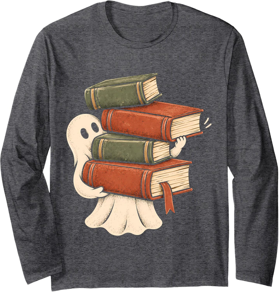 Cute Bookish Ghost Carrying Books Halloween Book Lover Long Sleeve T-Shirt - Adult Unisex Dark Heather Grey