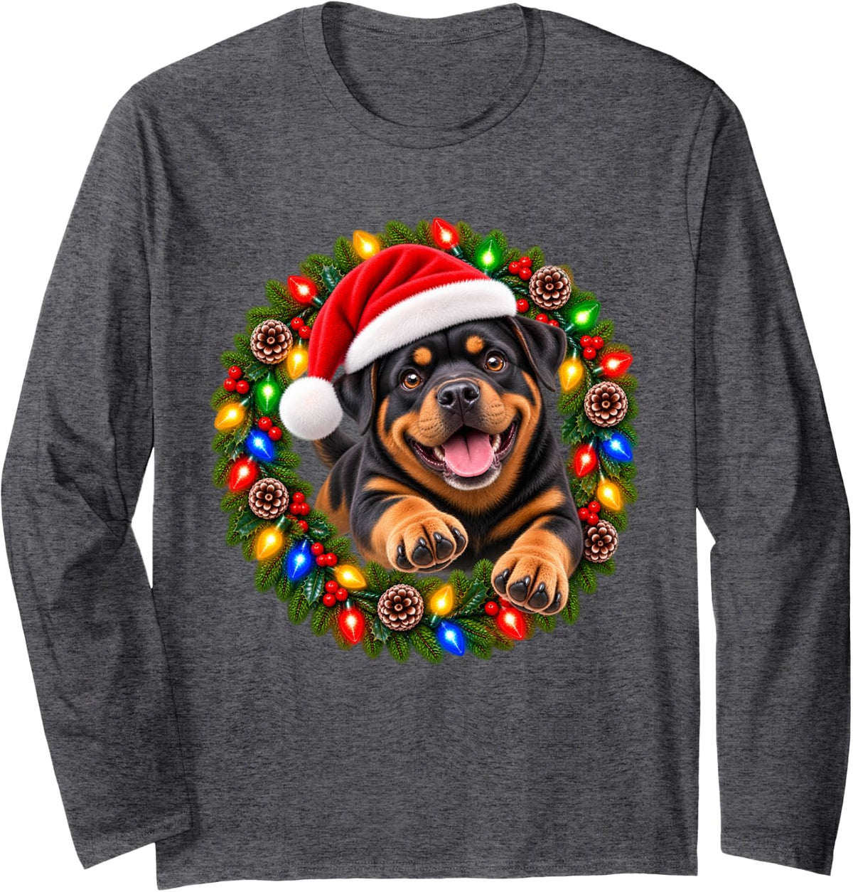 Rottweiler Christmas Jumping Through Wreath Santa Dog Long Sleeve T-Shirt - Adult Unisex Dark Heather Grey