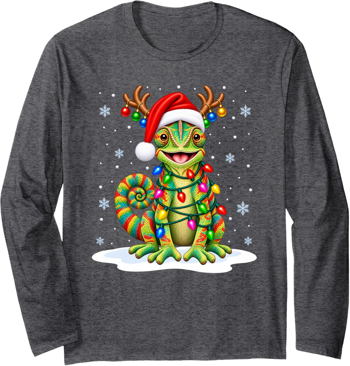 Chameleon Christmas Tree Lights Xmas Animal Lover Long Sleeve T-Shirt - Adult Unisex Dark Heather Grey