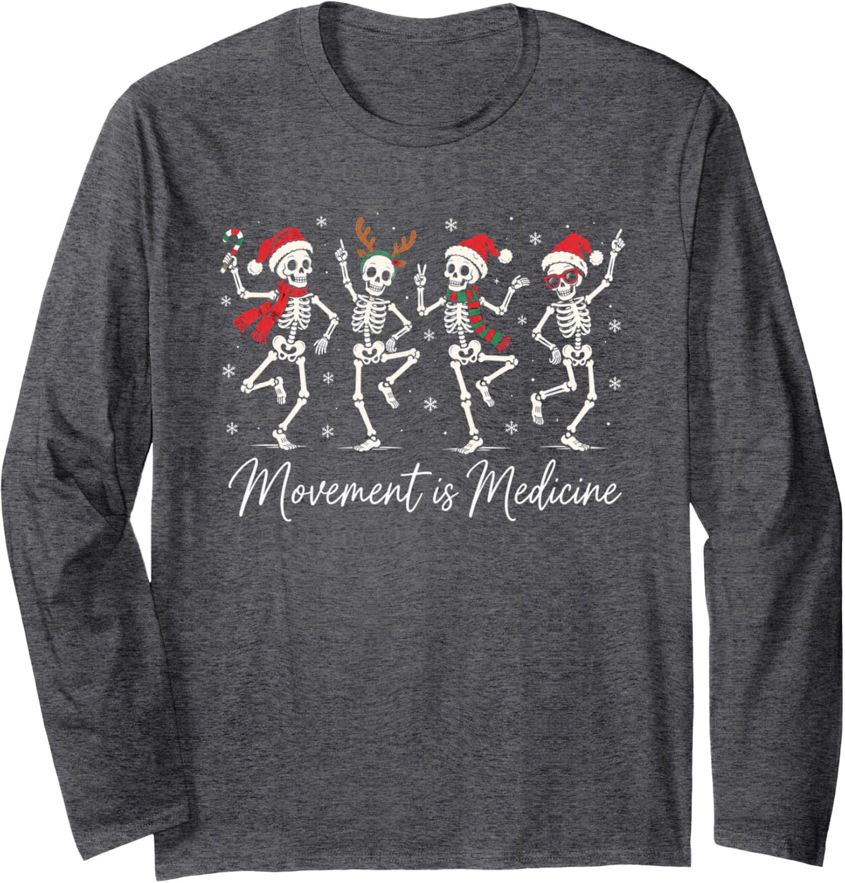 Movement is Medicine Dancing Skeleton Christmas PT Physical Long Sleeve T-Shirt - Adult Unisex Dark Heather Grey