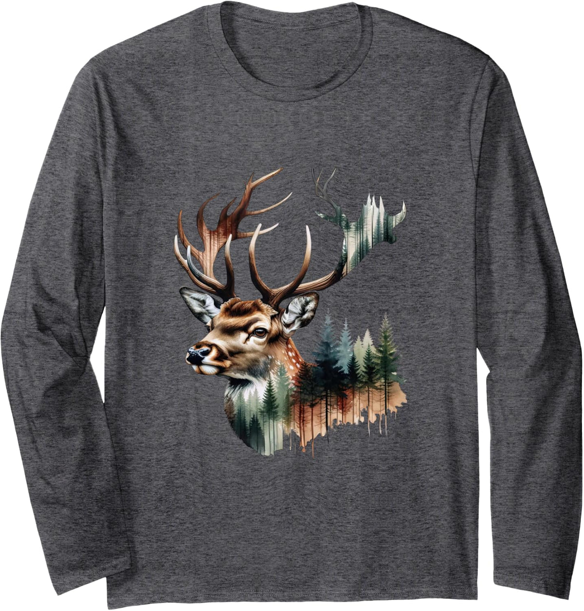 Forest Deer Hunting Dad Wildlife Nature Whitetail Hunter Long Sleeve T-Shirt - Adult Unisex Dark Heather Grey