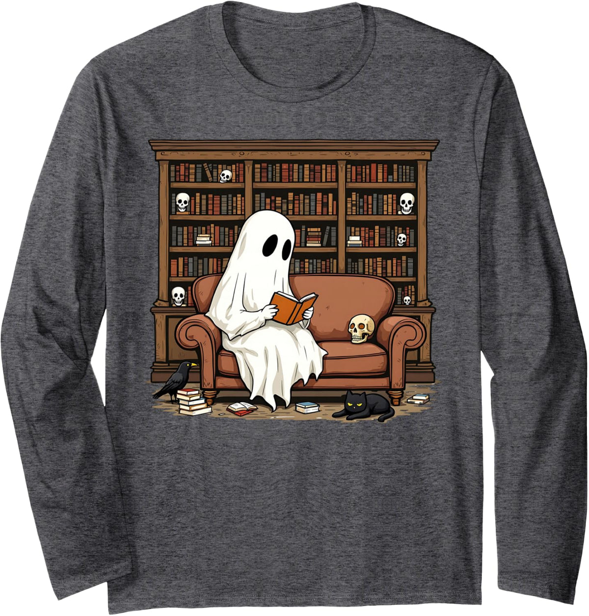 Funny Ghost Reading Books Pumpkin Autumn Fall Book Lover Long Sleeve T-Shirt - Adult Unisex Dark Heather Grey