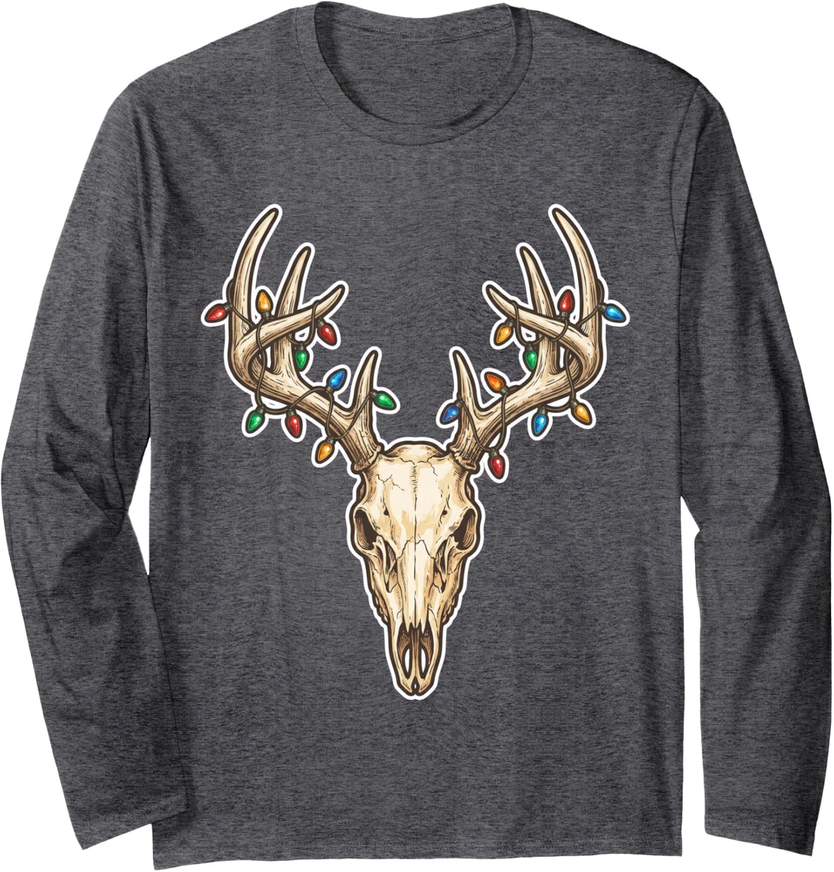 Deer Skull Antlers Christmas Lights Hunter Holiday Art Long Sleeve T-Shirt - Adult Unisex Dark Heather Grey