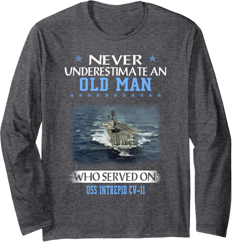 USS Intrepid CV-11 Veterans Day Father Day Long Sleeve T-Shirt - Adult Unisex Dark Heather Grey