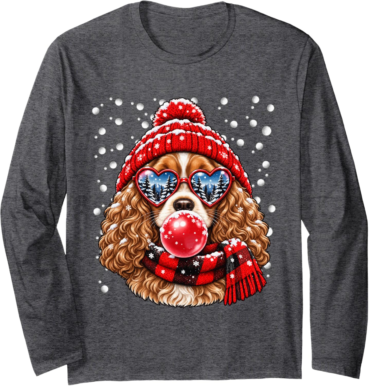 Snowy Cocker Spaniel with Bubblegum and Heart Glasses Winter Long Sleeve T-Shirt - Adult Unisex Dark Heather Grey