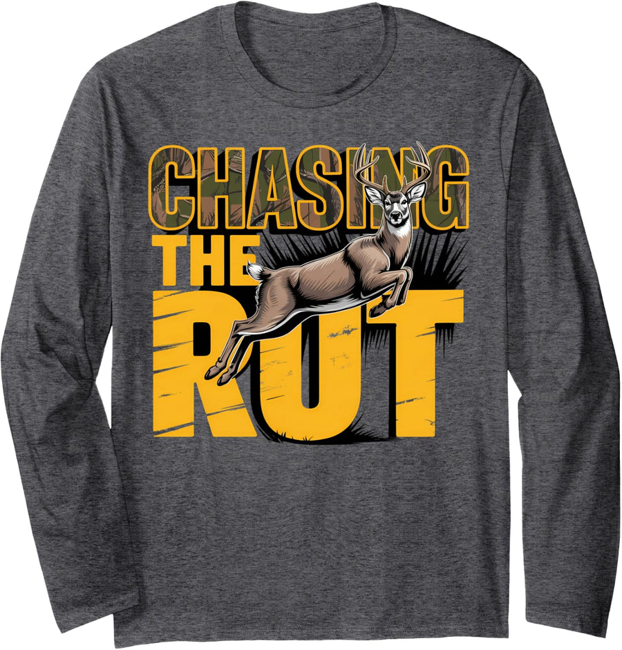 Chasing The Rut Whitetail Deer Hunting Buck Long Sleeve T-Shirt - Adult Unisex Dark Heather Grey
