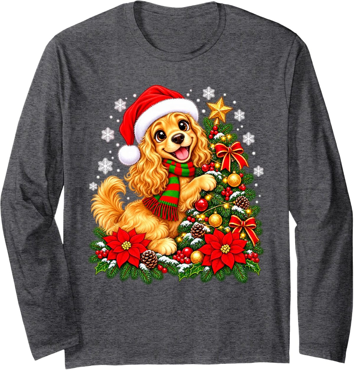 Christmas Tree Cocker Spaniel Santa Hat Men Women Kids Long Sleeve T-Shirt - Adult Unisex Dark Heather Grey