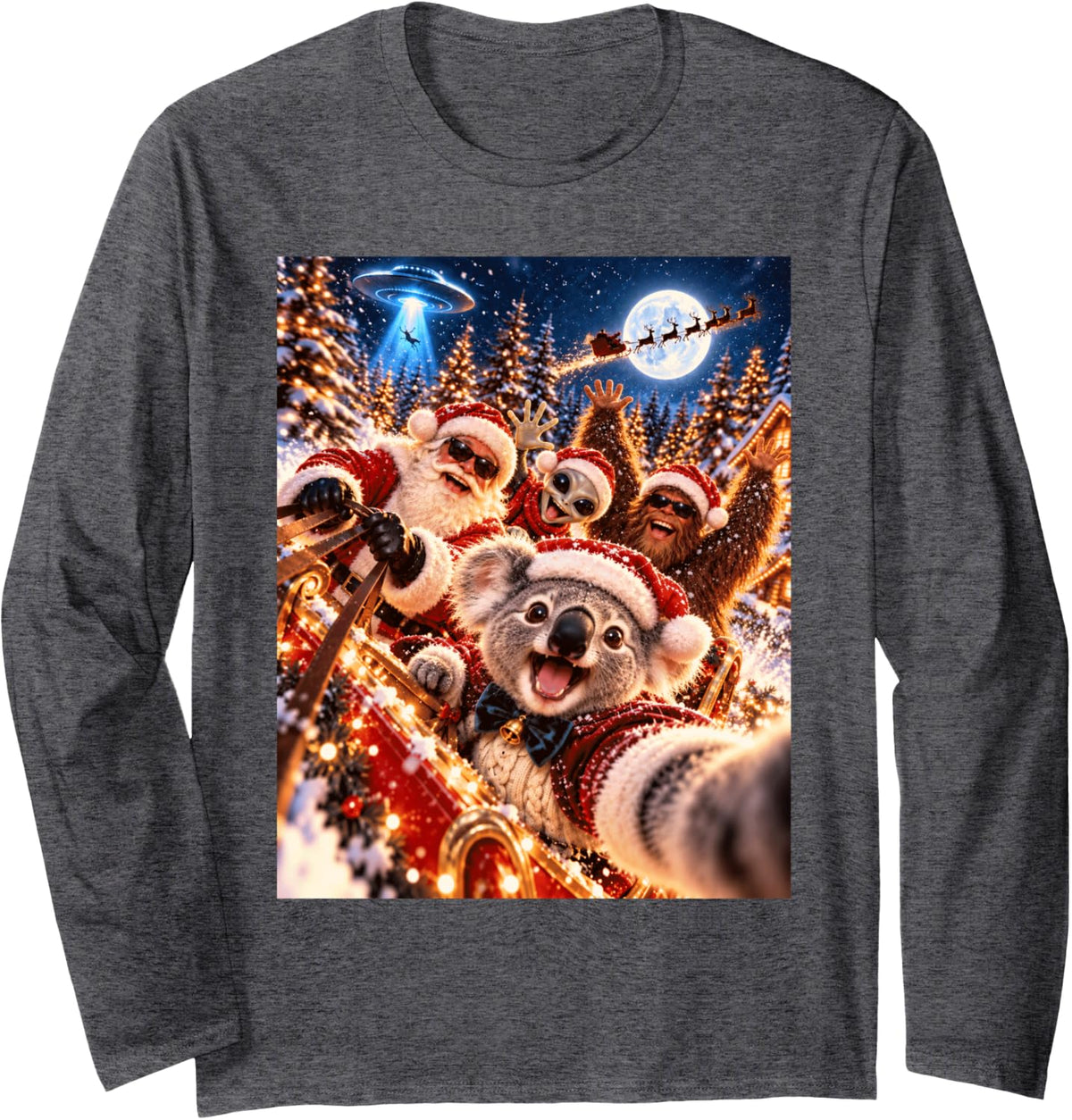 Delighted Koala Santa Christmas Selfie UFO Graphic Long Sleeve T-Shirt - Adult Unisex Dark Heather Grey