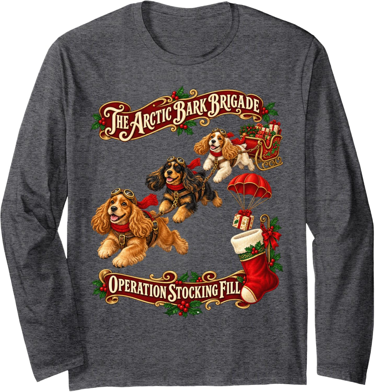 Cocker Spaniel Dog Christmas Retro Sleigh Flight Long Sleeve T-Shirt - Adult Unisex Dark Heather Grey